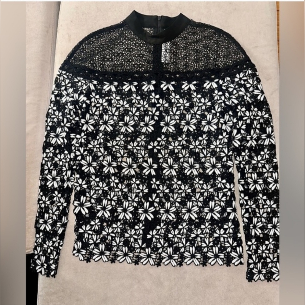 Black And White Lace Long-Sleeve Top - Sheer , Self Portrait, UK8, Us 4 - Picture 7 of 7